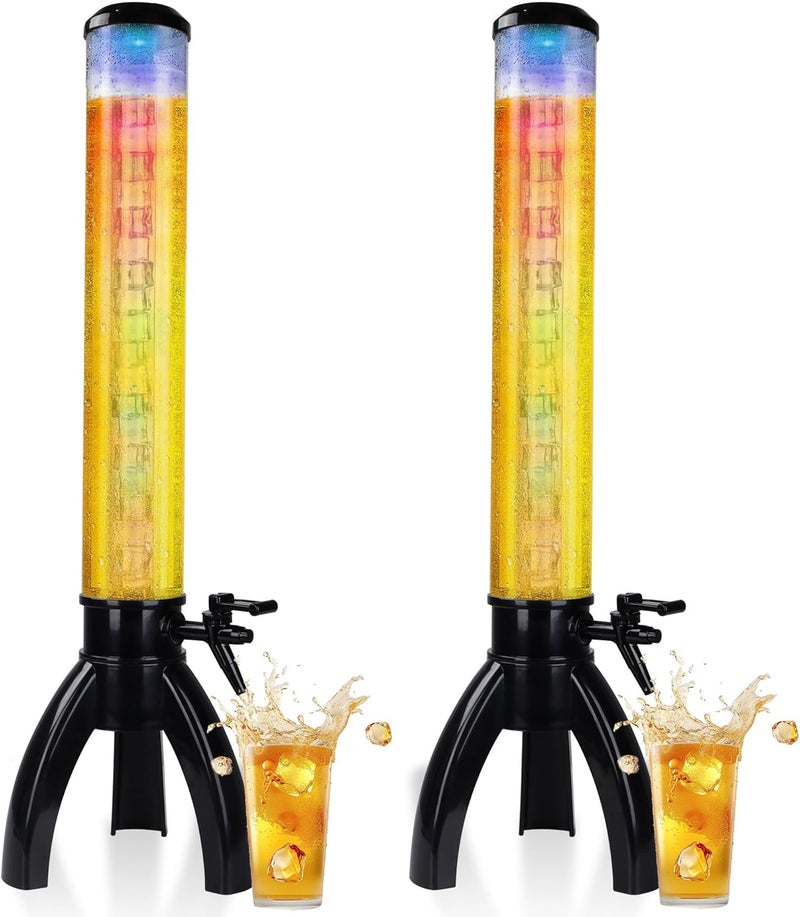 SERdeerCH 2 Pcs Beer Drink Tower Dispenser for Parties 100oz/3LClear Beverage Tower with Ice Tube and LED Lights Keg Tag for Kitchen Party - Image 1